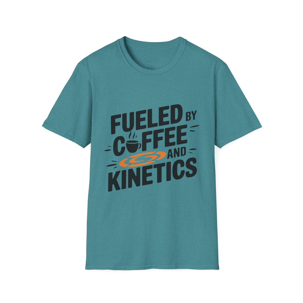 Fueled by Coffee and Kinetics T-Shirt – Perfect for the Energetic, Coffee-Loving Physical Therapist! (Unisex Softstyle T-Shirt)