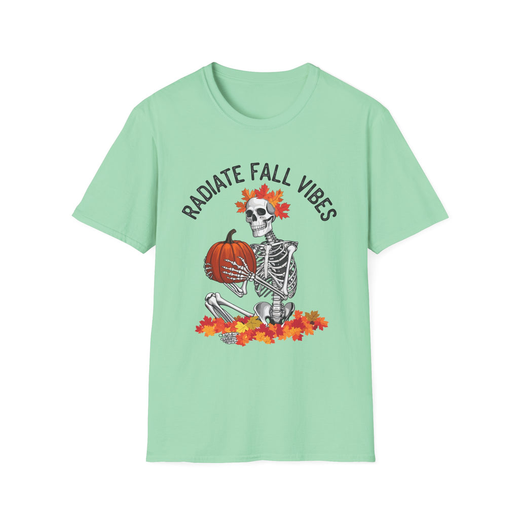 Radiate Fall Vibes Skeleton T-Shirt – Embrace the Autumn Spirit! (Unisex Softstyle T-Shirt)