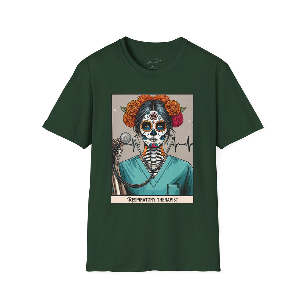 💀 Sugar Skull Respiratory Therapist T-shirt: A Beautiful Blend of Art and Profession! 🌺 (Unisex Softstyle)