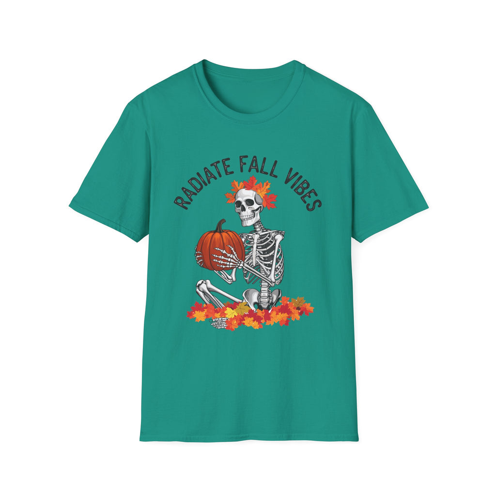 Radiate Fall Vibes Skeleton T-Shirt – Embrace the Autumn Spirit! (Unisex Softstyle T-Shirt)